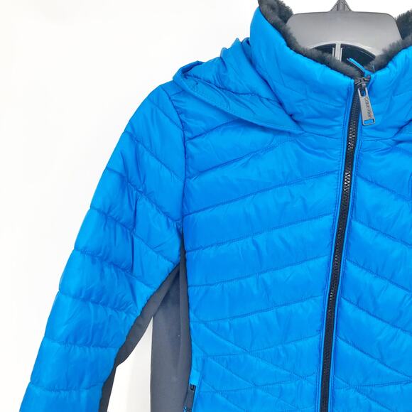 CALVIN KLEIN PERFORMANCE Puffer Coat Medium Blue Black Hooded Mixed-Media NWT - Picture 4 of 11